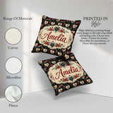 Custom Name Birds Hearts and Roses on Black Background Romantic Square Filled Cushion Throw Pillow Sofa Bed Home Decor Zip Washable UK Made
