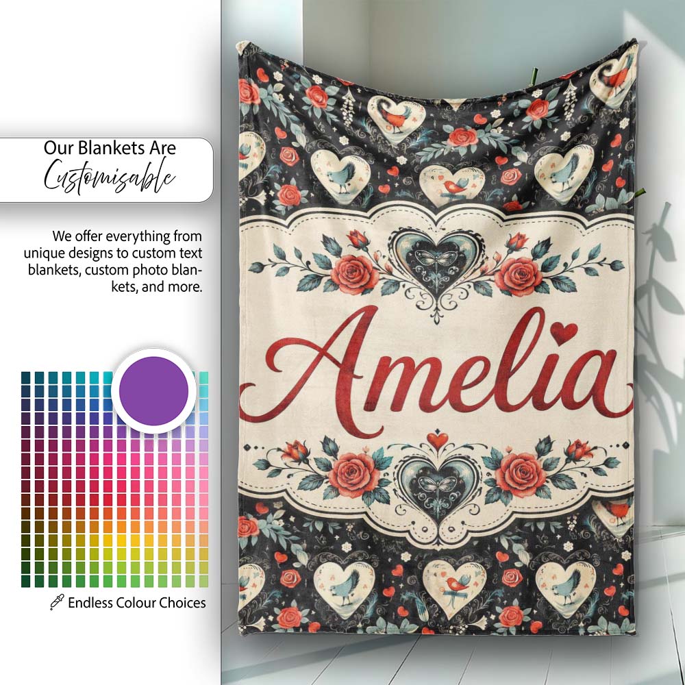 Cute Birds Hearts and Roses on Black Background Romantic Seamless  Personalised Custom Name Super Soft Fleece Blanket Bed Sofa Throw
