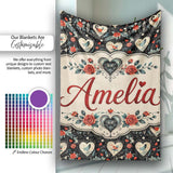 Cute Birds Hearts and Roses on Black Background Romantic Seamless  Personalised Custom Name Super Soft Fleece Blanket Bed Sofa Throw