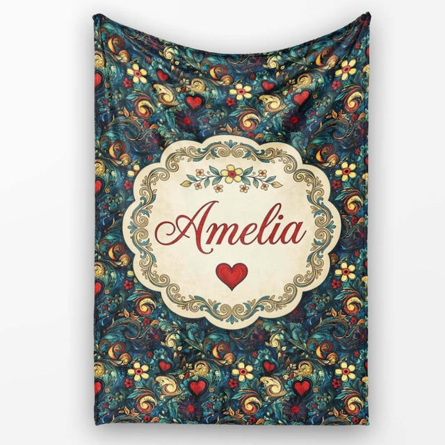 Ornate Floral Swirl Hearts on Dark Background Decorative Seamless  Personalised Custom Name Super Soft Fleece Blanket Bed Sofa Throw