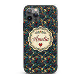 Ornate Floral Swirl Hearts on Dark Background Custom Name Protective Phone Case Mobile Cover Durable Everyday Smartphone Shock Resistant