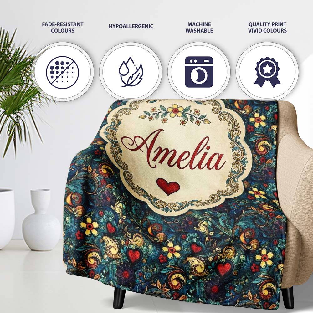 Ornate Floral Swirl Hearts on Dark Background Decorative Seamless  Personalised Custom Name Super Soft Fleece Blanket Bed Sofa Throw