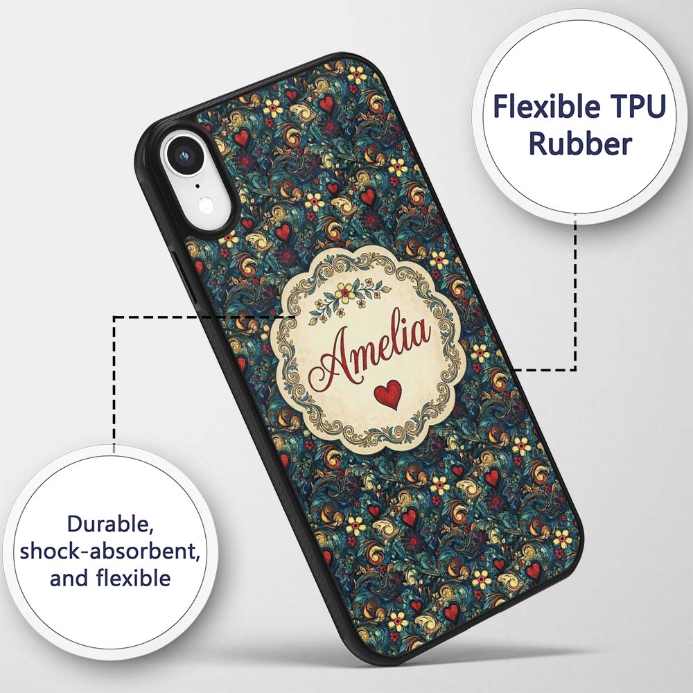 Ornate Floral Swirl Hearts on Dark Background Custom Name Protective Phone Case Mobile Cover Durable Everyday Smartphone Shock Resistant