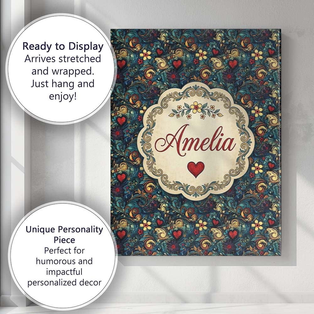 Personalised Name Ornate Floral Swirl Custom Modern Room Accent Creative Decorator Style Canvas Wall Art Print Decor Picture Ready to Hang