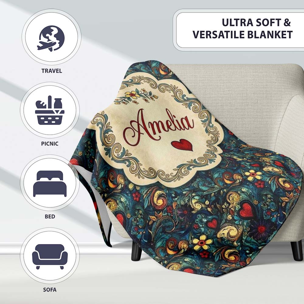 Ornate Floral Swirl Hearts on Dark Background Decorative Seamless  Personalised Custom Name Super Soft Fleece Blanket Bed Sofa Throw