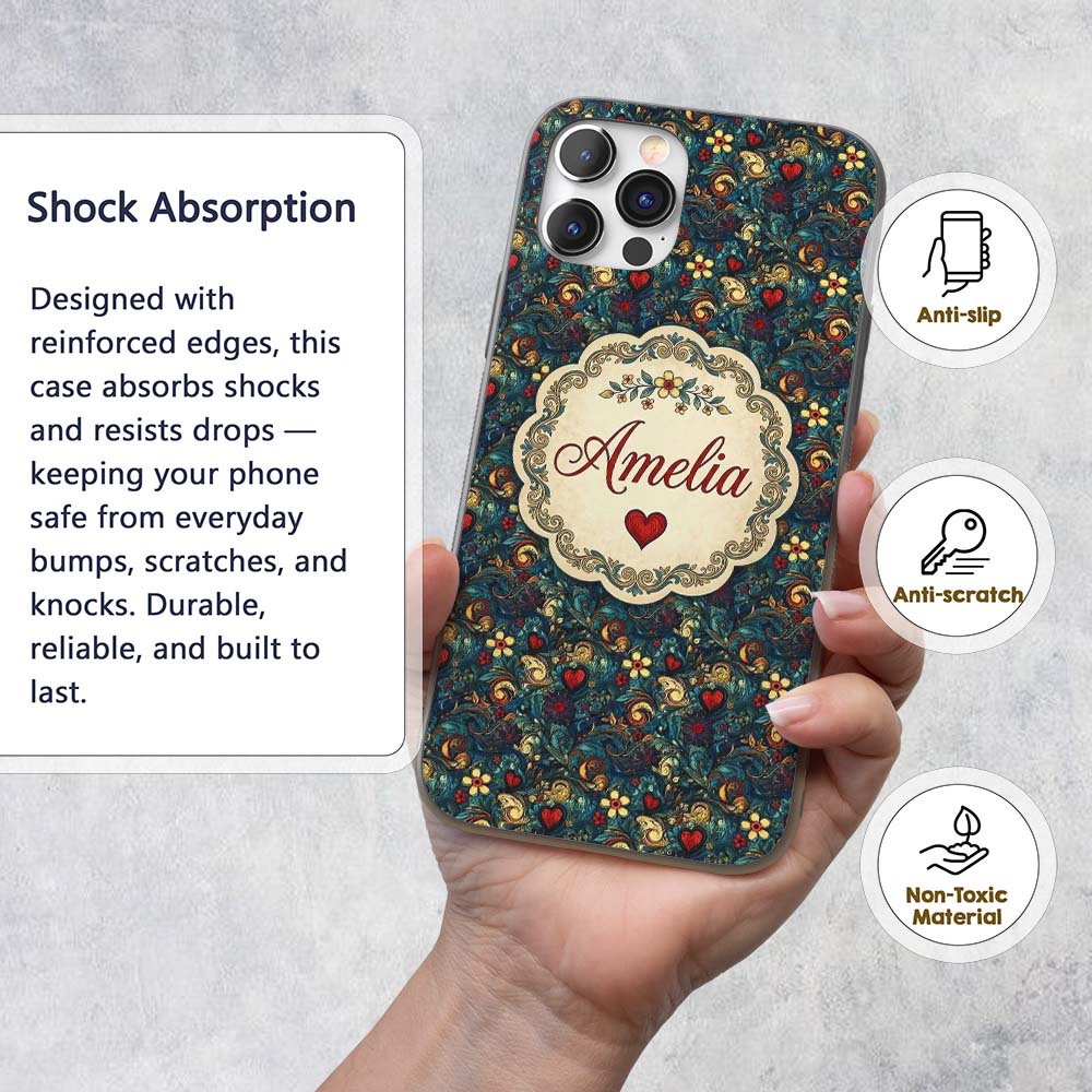 Ornate Floral Swirl Hearts on Dark Background Custom Name Protective Phone Case Mobile Cover Durable Everyday Smartphone Shock Resistant