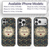 Ornate Floral Swirl Hearts on Dark Background Custom Name Protective Phone Case Mobile Cover Durable Everyday Smartphone Shock Resistant