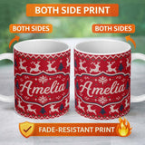 Personalized Custom Name Classic Red Knit Reindeer Snowflake Pattern Christmas Sweater Style 11oz Ceramic Coffee Tea Mug White Large Handle