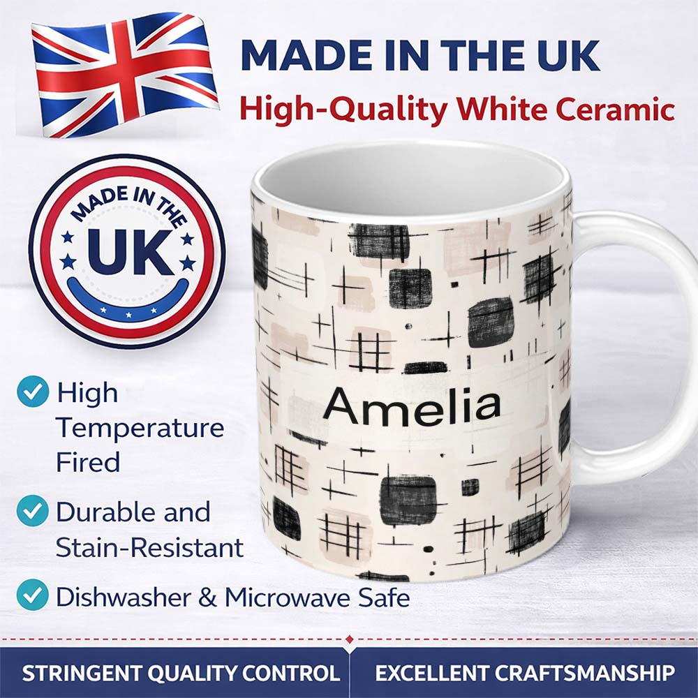Personalized Custom Name Brush Stroke Texture Black Cream Vertical Abstract Pattern Lovely 11oz Ceramic Coffee Tea Mug White Large Handle