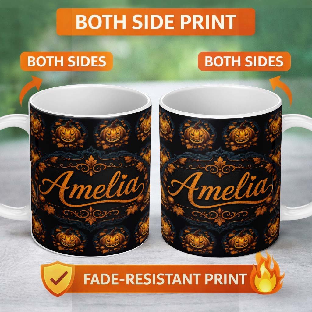 Personalized Custom Name Glowing Pumpkin Autumn Wreath Dark Background Halloween Seamless 11oz Ceramic Coffee Tea Mug White Large Handle