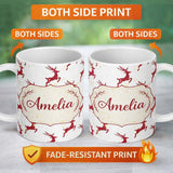 Personalized Custom Name Red Reindeer Christmas Seamless Pattern Cute Unique Gift Lovely 11oz Ceramic Coffee Tea Mug White Large Handle