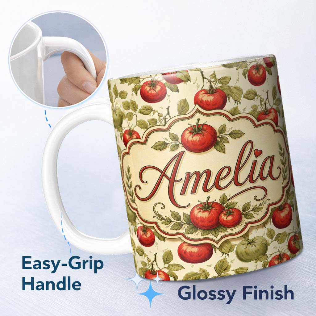 Personalized Custom Name Heirloom Red and Green Tomatoes Botanical Garden Seamless Pattern 11oz Ceramic Coffee Tea Mug White Large Handle