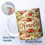 Personalized Custom Name Heirloom Red and Green Tomatoes Botanical Garden Seamless Pattern 11oz Ceramic Coffee Tea Mug White Large Handle