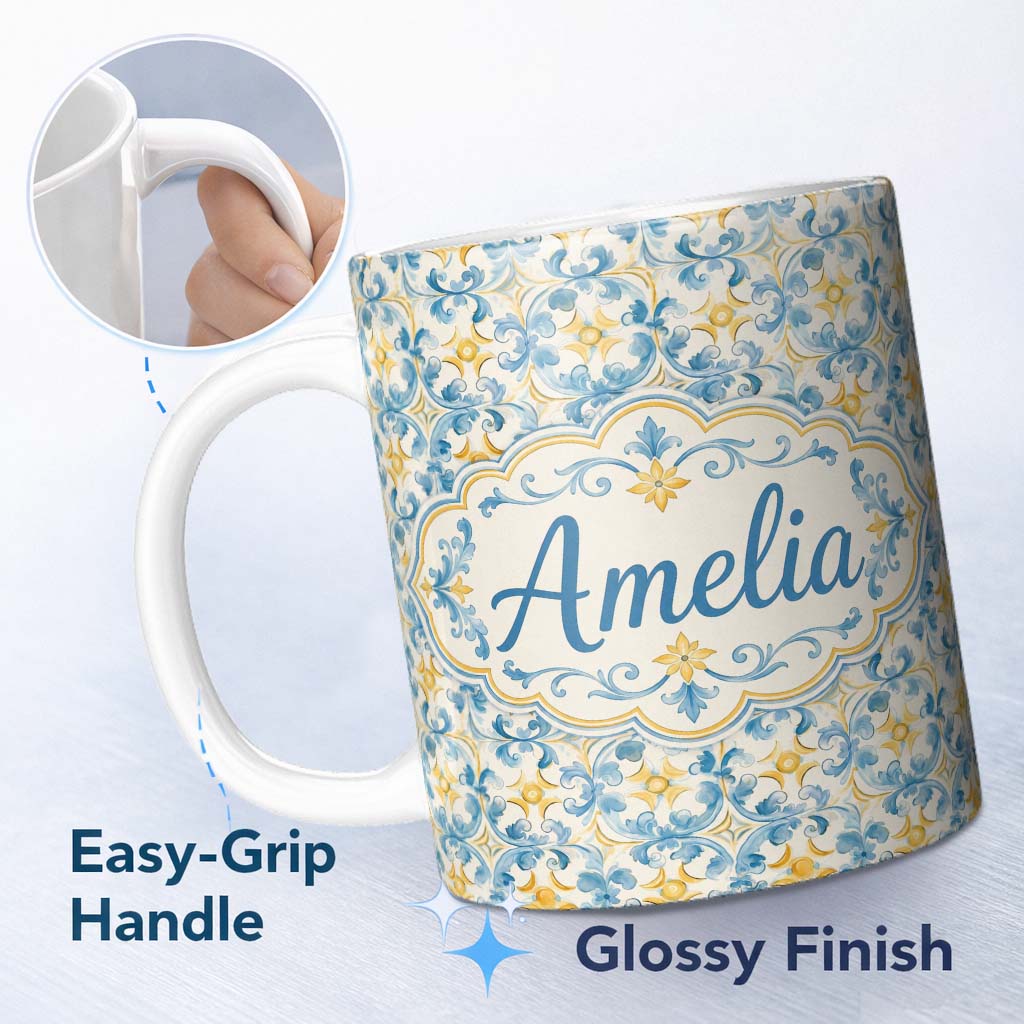 Personalized Custom Name Blue and Gold Classic Decorative Tile Pattern with Elegant Floral 11oz Ceramic Coffee Tea Mug White Large Handle