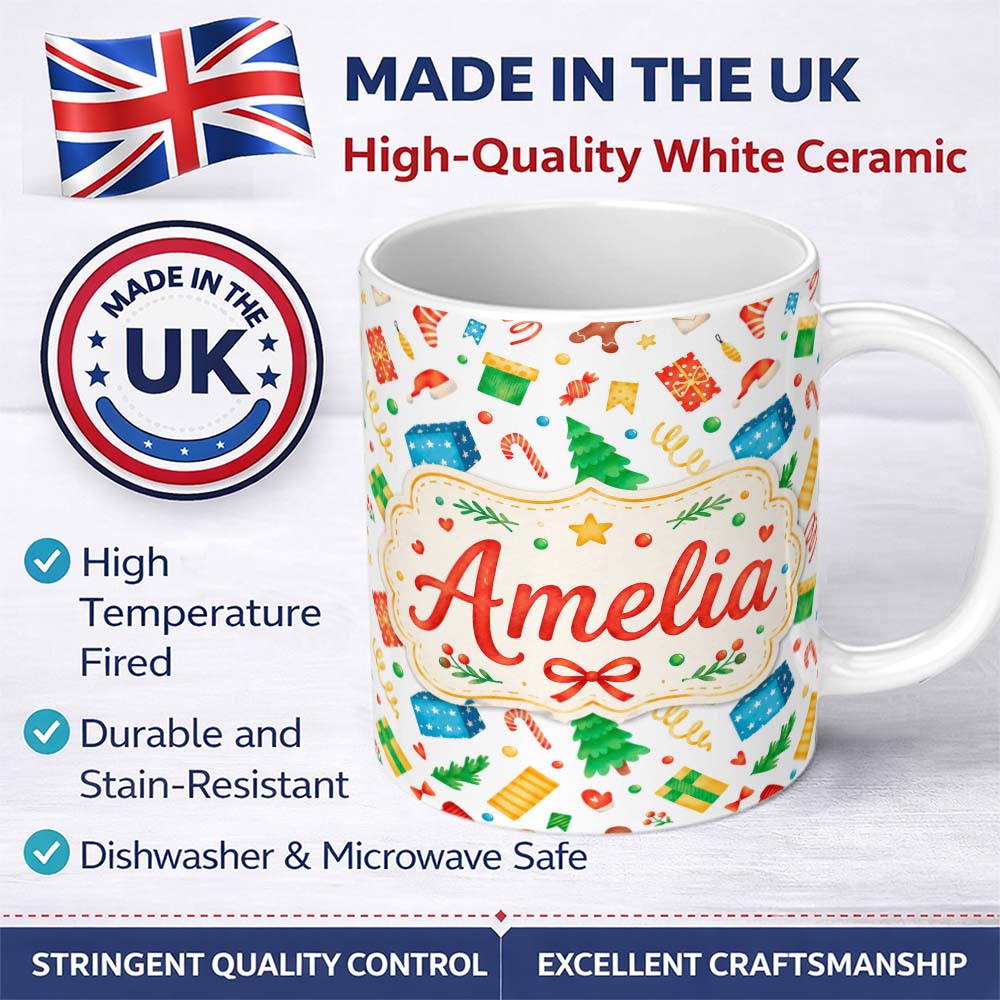 Personalized Custom Name Watercolor Christmas Tree Gingerbread Gift Seamless Pattern Lovely 11oz Ceramic Coffee Tea Mug White Large Handle