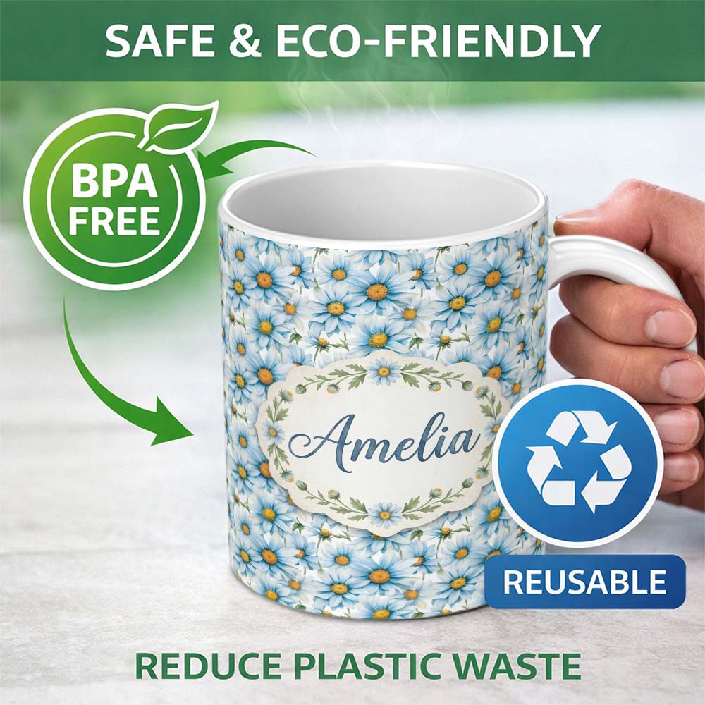 Personalized Custom Name Large Blue Daisy Floral Pattern with Soft Detail Seamless Pattern 11oz Ceramic Coffee Tea Mug White Large Handle