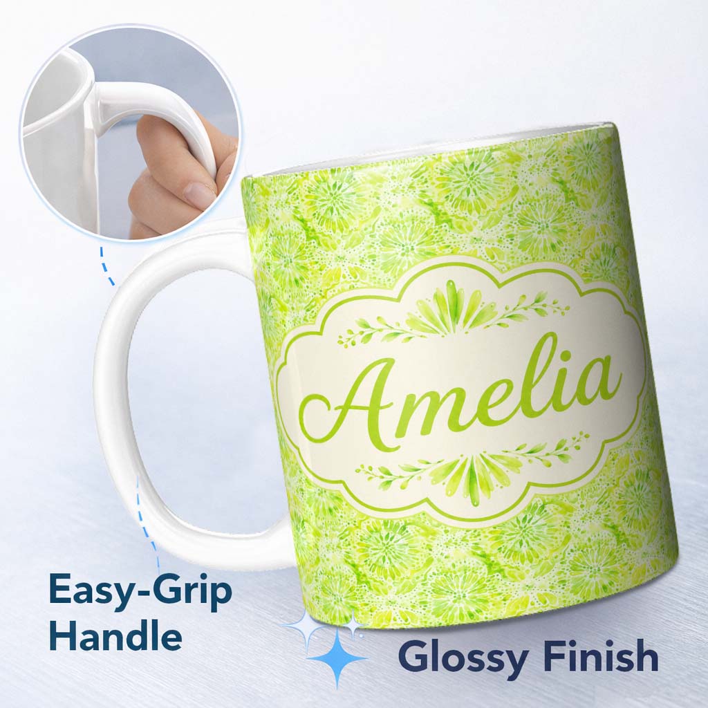 Personalized Custom Name Watercolor Citrus Slice Lime Pattern Seamless Fresh Fruit Design 11oz Ceramic Coffee Tea Mug White Large Handle