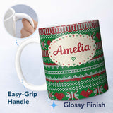 Personalized Custom Name Green Red White Classic Nordic Knit Stripe Seamless Pattern Lovely 11oz Ceramic Coffee Tea Mug White Large Handle