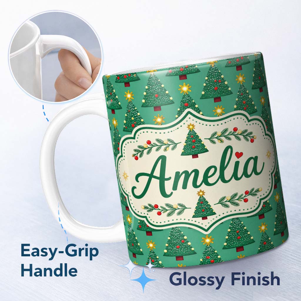 Personalized Custom Name Festive Christmas Trees with Golden Star Toppers and Snow Dots 11oz Ceramic Coffee Tea Mug White Large Handle