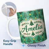 Personalized Custom Name Festive Christmas Trees with Golden Star Toppers and Snow Dots 11oz Ceramic Coffee Tea Mug White Large Handle