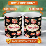 Personalized Custom Name Cute Kawaii Sushi Ramen Dumpling Food Black Background Seamless 11oz Ceramic Coffee Tea Mug White Large Handle
