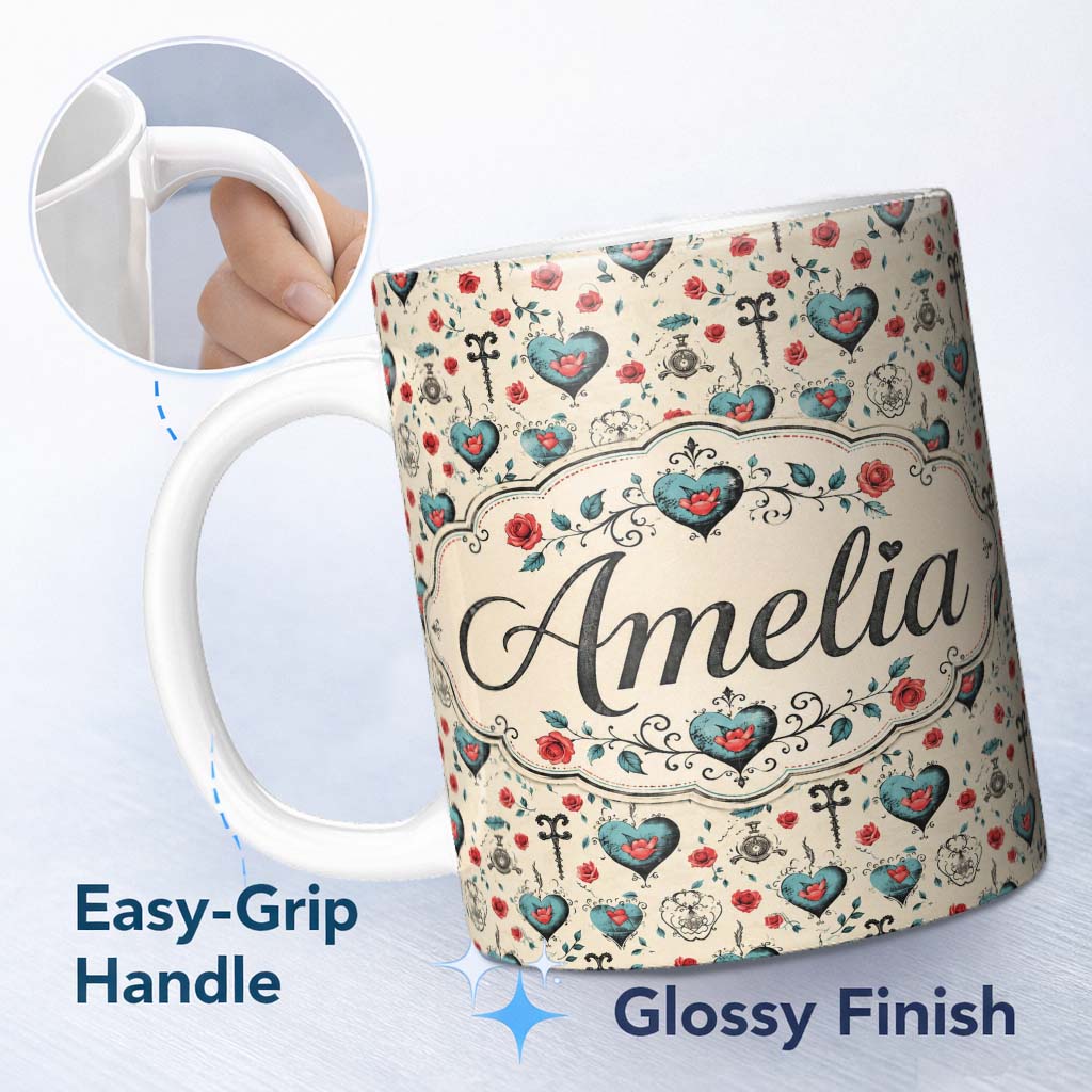 Personalized Custom Name Blue Heart Rose and Key Motif Seamless Pattern Cute Unique Gift 11oz Ceramic Coffee Tea Mug White Large Handle