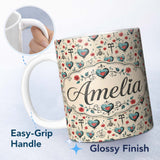 Personalized Custom Name Blue Heart Rose and Key Motif Seamless Pattern Cute Unique Gift 11oz Ceramic Coffee Tea Mug White Large Handle