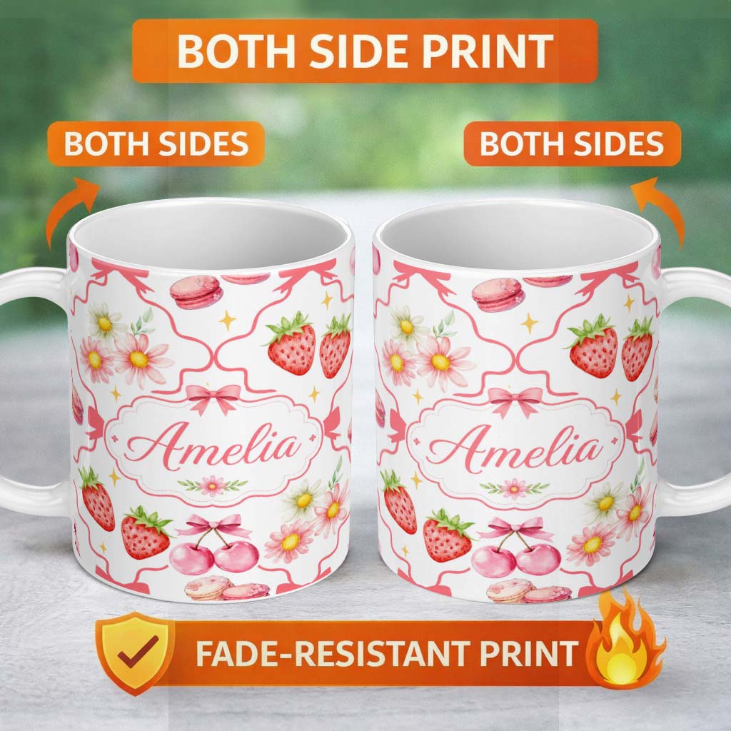 Personalized Custom Name Strawberry Cherry Daisy Floral Bow Sweet Dessert Coral Red Outline 11oz Ceramic Coffee Tea Mug White Large Handle