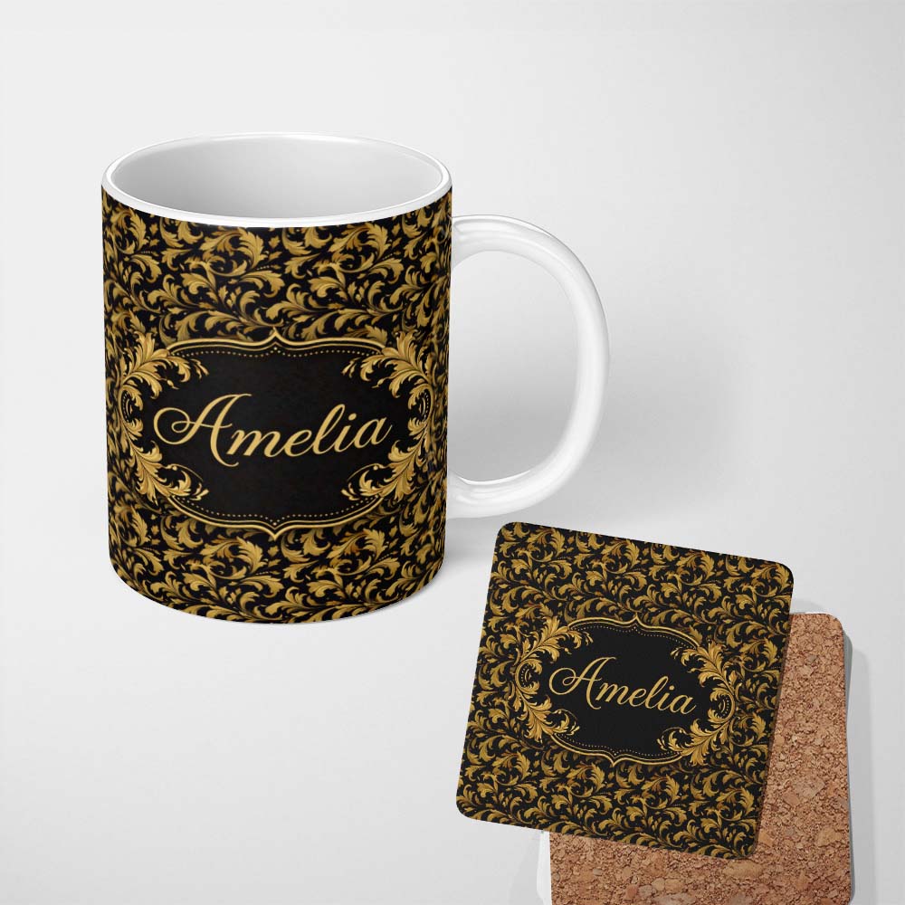 Personalized Custom Name Black Gold Baroque Floral Seamless Pattern Luxury Vintage Ornamental 11oz Ceramic Coffee Tea Mug White Large Handle
