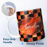 Personalized Custom Name Abstract Orange Black Checkered Marble Geometric Pattern Lovely 11oz Ceramic Coffee Tea Mug White Large Handle