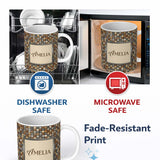 Personalized Custom Name Wood Tile Square Natural Texture Seamless Pattern Cute Unique Gift 11oz Ceramic Coffee Tea Mug White Large Handle