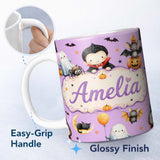 Personalized Custom Name Cute Halloween Dracula Ghost Bats on Purple Background Seamless 11oz Ceramic Coffee Tea Mug White Large Handle