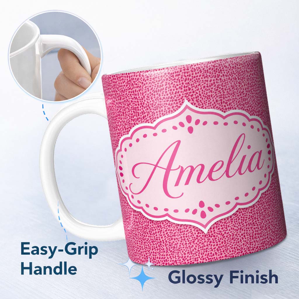 Personalized Custom Name Hot Pink Dense Mini Dot Abstract Texture Seamless Pattern Lovely 11oz Ceramic Coffee Tea Mug White Large Handle