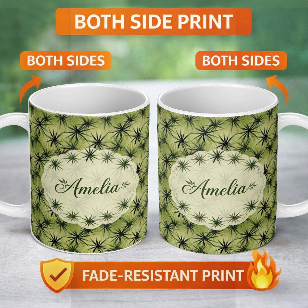 Personalized Custom Name Dark Green Spiky Leaf Botanical Seamless Pattern Design Lovely 11oz Ceramic Coffee Tea Mug White Large Handle