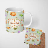 Personalized Custom Name Cute Watercolor Pumpkins and Candy Sweets on Cream Background Lovely 11oz Ceramic Coffee Tea Mug White Large Handle