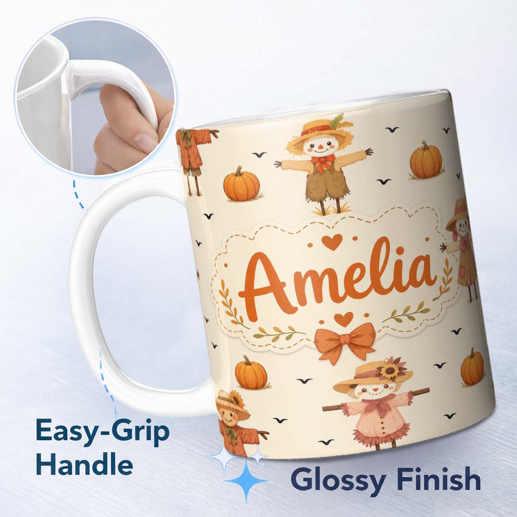 Personalized Custom Name Cute Autumn Scarecrow Pumpkin Birds Seamless Pattern Cream Lovely 11oz Ceramic Coffee Tea Mug White Large Handle