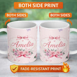 Personalized Custom Name Elegant Watercolor Rose Bouquet Ribbon Butterfly Soft Beige Lovely 11oz Ceramic Coffee Tea Mug White Large Handle