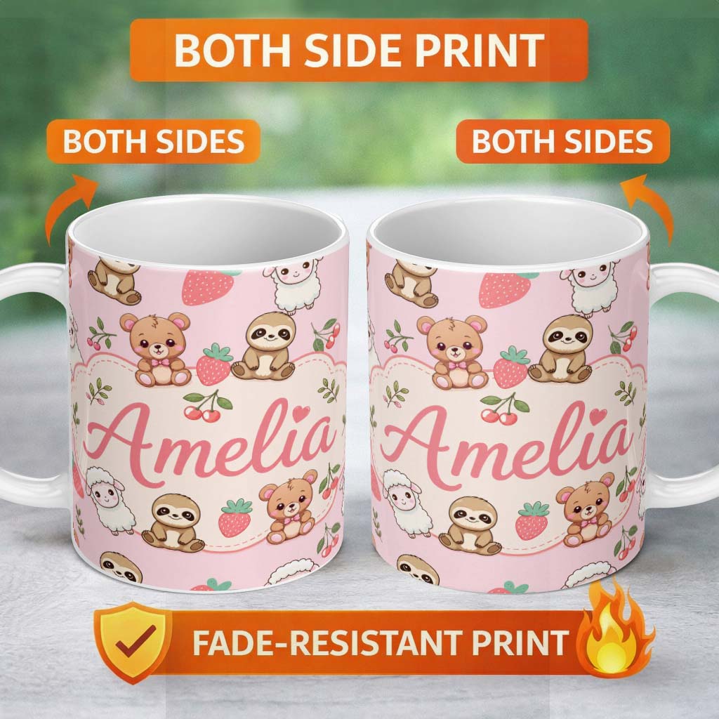 Personalized Custom Name Cute Cute Baby Animals Bear Sheep Sloth Strawberry Cherry Pink 11oz Ceramic Coffee Tea Mug White Large Handle
