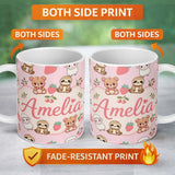 Personalized Custom Name Cute Cute Baby Animals Bear Sheep Sloth Strawberry Cherry Pink 11oz Ceramic Coffee Tea Mug White Large Handle