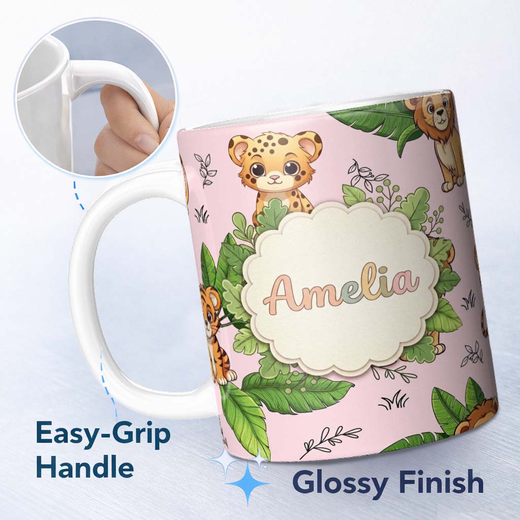 Personalized Custom Name Cute Jungle Animals Lion Tiger Leopard Soft Beige Background Lovely 11oz Ceramic Coffee Tea Mug White Large Handle