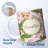 Personalized Custom Name Cute Jungle Animals Lion Tiger Leopard Soft Beige Background Lovely 11oz Ceramic Coffee Tea Mug White Large Handle