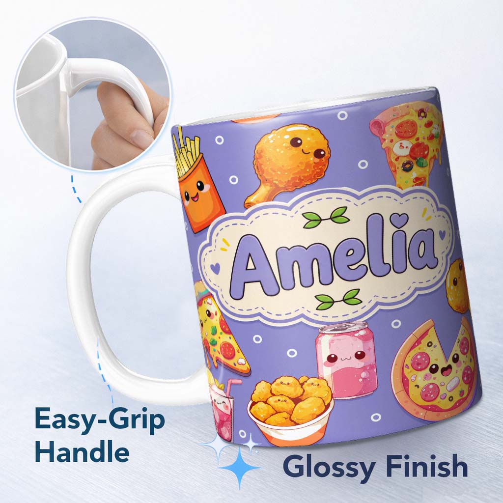 Personalized Custom Name Cute Kawaii Fast Food Pizza Chicken Soda Purple Background Seamless 11oz Ceramic Coffee Tea Mug White Large Handle