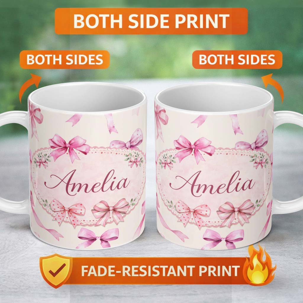 Personalized Custom Name Watercolor Pink Ribbon Bow Seamless Pattern on Soft Pink Background 11oz Ceramic Coffee Tea Mug White Large Handle