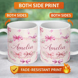 Personalized Custom Name Watercolor Pink Ribbon Bow Seamless Pattern on Soft Pink Background 11oz Ceramic Coffee Tea Mug White Large Handle
