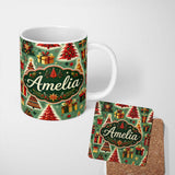 Personalized Custom Name Colorful Christmas Trees Gifts Snowflakes Festive Holiday Seamless 11oz Ceramic Coffee Tea Mug White Large Handle