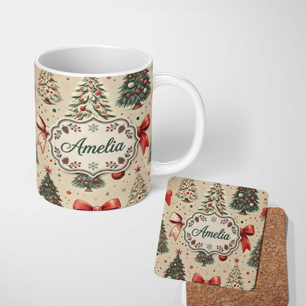 Personalized Custom Name Vintage Christmas Trees with Red Bows Ornaments and Snowflakes 11oz Ceramic Coffee Tea Mug White Large Handle