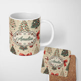 Personalized Custom Name Vintage Christmas Trees with Red Bows Ornaments and Snowflakes 11oz Ceramic Coffee Tea Mug White Large Handle