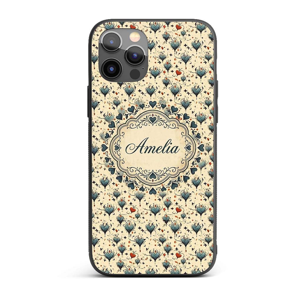 Elegant Blue Hearts Floral Vine Pattern on Beige Custom Name Protective Phone Case Mobile Cover Durable Everyday Smartphone Shock Resistant