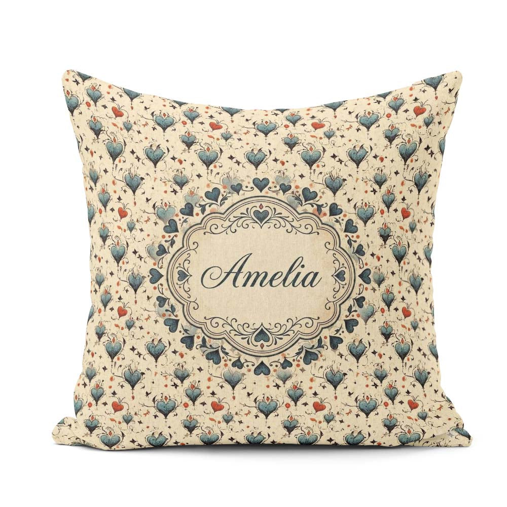 Custom Name Elegant Blue Hearts Vine Pattern on Beige Background Square Filled Cushion Throw Pillow Sofa Bed Home Decor Zip Washable UK Made
