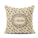 Custom Name Elegant Blue Hearts Vine Pattern on Beige Background Square Filled Cushion Throw Pillow Sofa Bed Home Decor Zip Washable UK Made